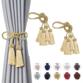 Pretty Jolly 4 Pack Double-ended Tassel Curtain Tiebacks Handmade Braided Rope Knot Drape Tie Backs European Style Decorative Curtain Holdbacks for Home & Office Window Drapery (Gold)