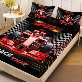 AILONEN Cool Cartoon Red Race Car Model Fitted Sheet Set Twin XL Size,Classic Checkered Flag Bedding Set,3-Piece Extreme Sports Kids Toy Collection,High-Realistic Design Bedsheets Set