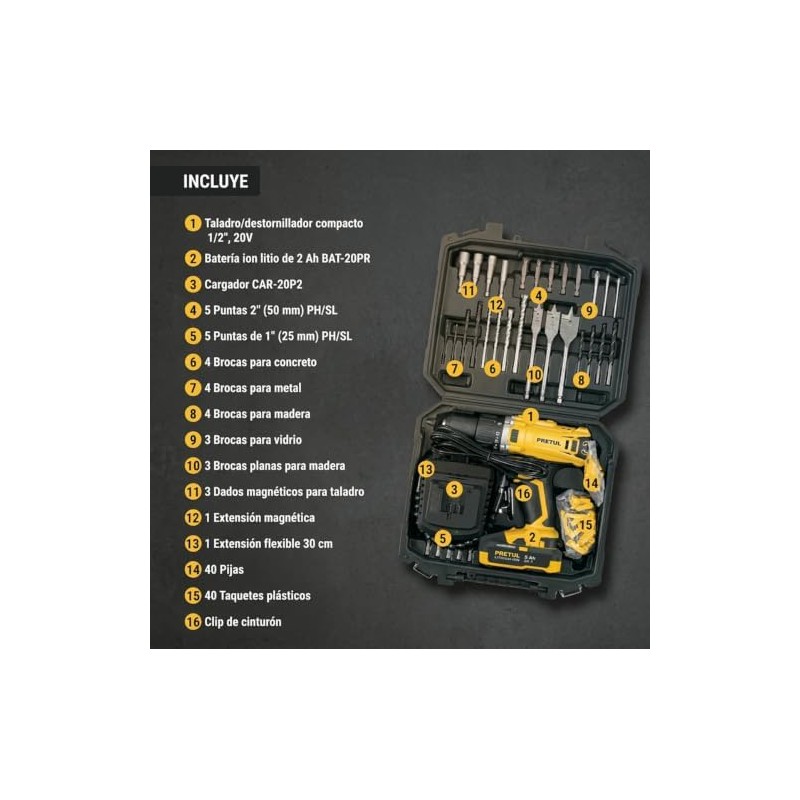 PRETUL TALI-20P2K, Kit taladrodestornillador 12, 20V con 32 accesorios
