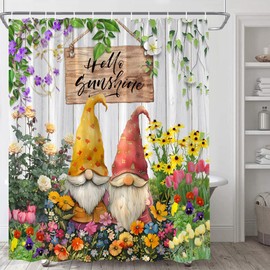Spring Gnomes Shower Curtain Rustic Farmhouse Colorful Floral Green Leaf Vine Plant Butterfly Cute Dwarf Country Wooden Board Watercolor Cartoon Kids Polyester Fabric Bathroom Decor Curtain with Hook
