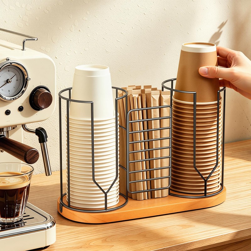 Babudeer 18oz Coffee Cup Holder with Wooden Base, 3-In-1 Plastic