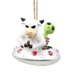 Bella Haus Christmas Shoppe Flying Saucer Ornament with Alien Abduction Twist | Hilarious UFO & Cow Christmas Decoration | Ideal for Secret Santa and White Elephant Gift Exchanges