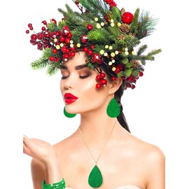 Hicarer 4 Pieces Women's Glitter Jewelry Set Bridal Wedding Multi-Layer Bracelet Faux Leather Dangle Earrings Necklace (Green)