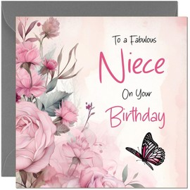 Special Niece Birthday Card - Beautiful Butterfly & Floral Pink Rose Birthday Cards for Niece