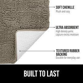 GORILLA GRIP Plush Absorbent Shaggy Chenille Bath Rug Mat for Square Toilet Base with Rubber Backing, Machine Washable Rugs, Soft Microfiber Contour Mats for Toilets, Bathroom Decor, Latte