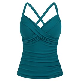 Hilor Women's Underwire Tankini Top Swimwear Twist V Neck Swimsuits Tummy Control Crossback Bathing Suits Top Only, Enamel Blue, 12