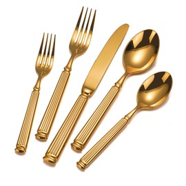 20-Piece 18/10 Gold Flatware for 4, Forged Silverware Set, High End Thick Handle Heavy Duty, Luxury Design, Dishwasher Safe
