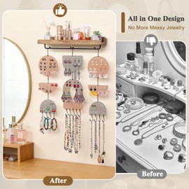 Keebofly Wall Mounted Jewelry Organizer - Boho Earring Organizer with Wood Shelf & Necklace Hooks, Acrylic Pegboard Earring Display Rack for 100+ Pairs Studs, Hoops & Dangles, Decorative Storage