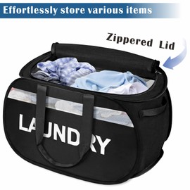 BOSNONA Large Collapsible Laundry Baskets Pop Up Laundry Hamper with Reinforced Handles Foldable Laundry Hamper for Home Laundry (Black Laundry with Lid)