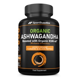 Organic Ashwagandha Capsules 1200mg - Boosted with 1000mg of Organic KSM-66 with 5% Withanolides (from 100mg Extract Ratio 10:1) - Added Turmeric 100mg and Black Pepper - UK Manufactured