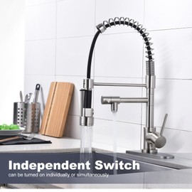 Brass Kitchen Faucet with Pull Down Sprayer, WOWOW High Arc Commercial Spring Kitchen Faucet for Sinks 1 or 3 Hole, Single Handle Brushed Nickel Kitchen Sink Faucet with Deck Plate