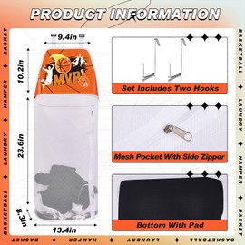 Fabbay Sport Laundry Hamper over the Door Space Saving Hanging Mesh Laundry Sport Hoop with Metal Hooks Hamper Basket for Kids Boys Girl Fun Birthday Gift Room Decor Collapsible(Basketball)