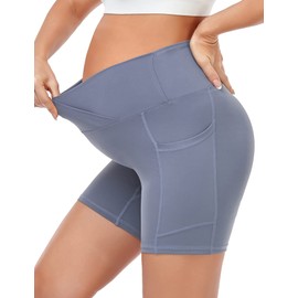 HOFISH Maternity Biker Shorts Over The Belly Maternity Athletic Shorts with Pockets 5"/8" Grey M