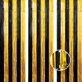 OWill 3pcs 3ft X 8.3ft Black Gold Metallic Tinsel Curtains Aluminum Foil Flow Silk Curtain Background Streamer Birthday Party Wedding Holiday Backdrop Decoration