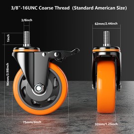 Stem Caster Wheels 3 Inch Heavy Duty Threaded Stem Casters UNC 3/8"-16 x 1 Swivel Casters Set of 4 with Safety Dual Locking Wheel for Furniture and Cart
