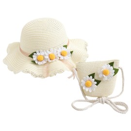 rismart Toddler Girl Summer Straw Wide Brim Beach Hat with Flower and Shoulder Purse Bag Creamy White - White Flower