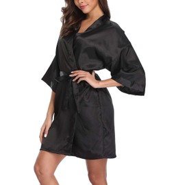 Old-Times Women's Pure Color Silk Kimono Short Robes for Bridesmaids and Bride Black S