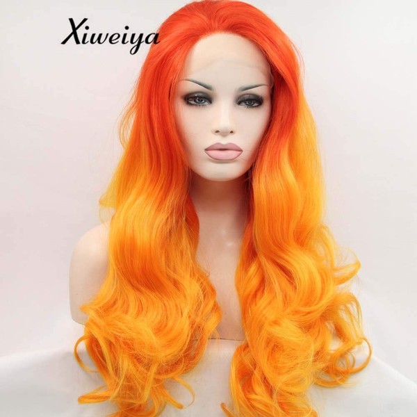 Xiweiya Fashion Fiery Red Orange 2 Tone Ombre Body Wave Synthetic Lace Front Wigs Premium Hot Orange Cosplay Heat Resistant Fiber Hair Wigs For Women