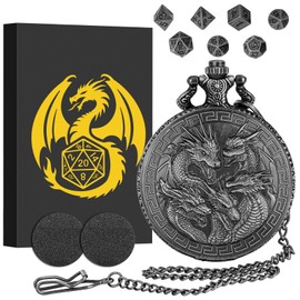 Mini DND Dice Set, Steampunk Retro Five Dragon Heads Pocket Watch Shell Case, DND Starter Set, 7pcs Polyhedral Metal Dice Set, D&D Gifts with Gift Box, Role Playing Board Game Accessories, Silver