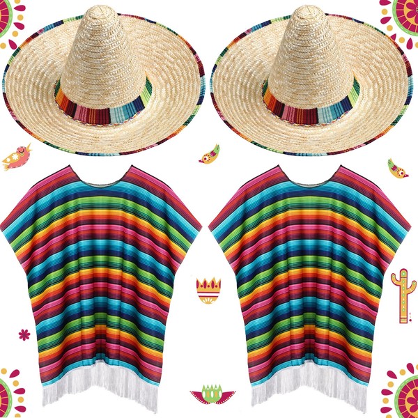 JaGely 4 Pcs Cinco De Mayo Mexican Fiesta Serape Poncho Fabric and Straw Sombrero Headbands Mexican Costume (Wide Brim)