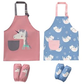 2 Pack Kids Apron for Boys Girls with Adjustable Strap Waterproof Toddler Aprons with Pocket Sleeves Set (1-3T, Cat+Horse)