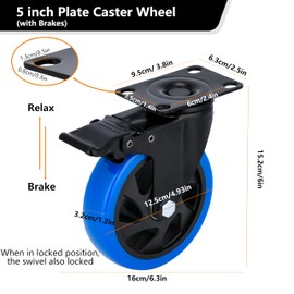 YOOGAA 5” Casters Wheels Casters Set of 4 Heavy Duty Blue Polyurethane Castors Top Plate Swivel Wheels 4-Pack Industrial Casters with Brake Casters for Furniture Workbench