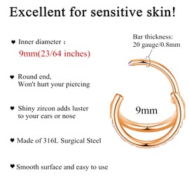 Popuhoops 20G 9mm Rose Gold Doppel Open Stack CZ Nasenring Reifen 316L Chirurgenstahl Helix Rook Conch Knorpel Daith Tragus Ohrringe Scharnierbares Nostril Piercing Septum Clicker 0.8mm Lippenring