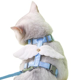 WELLYUK Cat Harness and Leash Set White Wing for Outdoor Travel Walking Escape Proof Soft Safe Adjustable Kitten Puppy Small Strap Angel Style, Blue