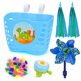 Oumers Kids Bike Basket and Bell Set -Children's Bicycle Decoration Kit with Basket, Spoke Beads, Bell, and Windmill(Random sticker style)