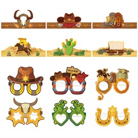 delaimastor 12Pcs Western Party Decoration Favors West Cowboy Paper Glasses Paper Crown Headbands Wild West Hats Photo Booth Props Western Theme Eyeglasses Birthday Party Supplies