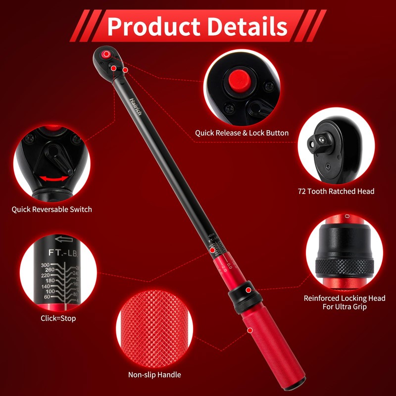 Hairich 1/2-Inch Drive Click Torque Wrench, Dual-direction 40-300ft.lb/33.9-406.8Nm, 72-tooth Torque