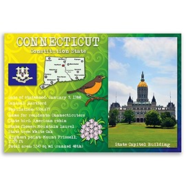 CONNECTICUT STATE FACTS postcard set of 20 identical postcards. Post cards with CT facts and state symbols. Made in USA.