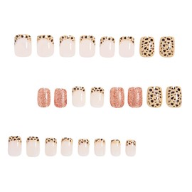 Press on Nails Square Short Fake Nails Glitter Press ons Leopard Print French Nail Art Tips Glue on Nails Artificial Acrylic Kit Nail Art Full Cover Stick on Nail Supplies for Women Spring 24 Pcs