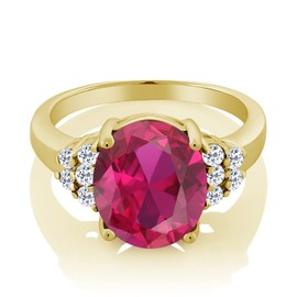 Gem Stone King 18K Yellow Gold Plated Silver Red Created Ruby and White Topaz Women Ring (5.40 Ct Oval 12X10MM, Available 5,6,7,8,9) (Size 7)