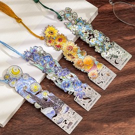 AirAkl Van Gogh Bookmark Bookmark (Set of 4), Bookmark Set, Stylish, Glamorous, Elegant, Art, Silver, Hollow Trim, String Included, Students, Teachers, Reading, Painting, Bookpage Markers, Stationery
