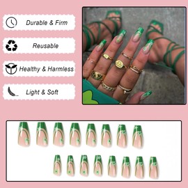 Ceboic Coffin False Nails Medium, 24Pcs Green Border French Press on Nails, Ballerina Trendy Fake Nails with Flowers Designs, Artificial Acrylic Stick on Nails for Women and Girls