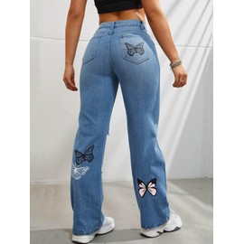 Womens Baggy Ripped Jeans High Waist Butterfly Distressed Straight Leg Jeans Teen Girls Cut Out Boyfriend Denim Pants Light Blue