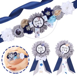 Space Baby Shower Sash - Mom to Be Maternity Flower Belly Belt with Dad to Be Corsage Pin Kit, Galaxy Star Baby Shower Decorations for Universe Gender Reveal Photo Props New Parents Keepsake