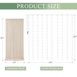Xiomot Tulle Backdrop Curtain with Lights String 10FT X 8FT Champagne Sheer Tulle Backdrop Curtains for Wedding Birthday Party Reception Photo Booth Background Decorations (2 Panels 5x8FT)
