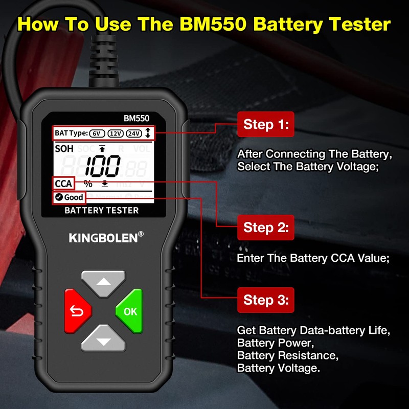 KINGBOLEN BM550 6V 12V 24V Car Battery Tester, 100-2000 CCA