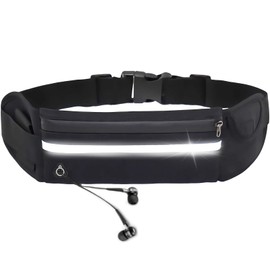 Running Belt, Adjustable Strap Waist Pack Fanny Pack Phone Holder Belt Pouch with Water Bottle Headphone Jack, Slim Reflective Waterproof Sweatproof Waistpacks Running Bag for Men and Women (Black)