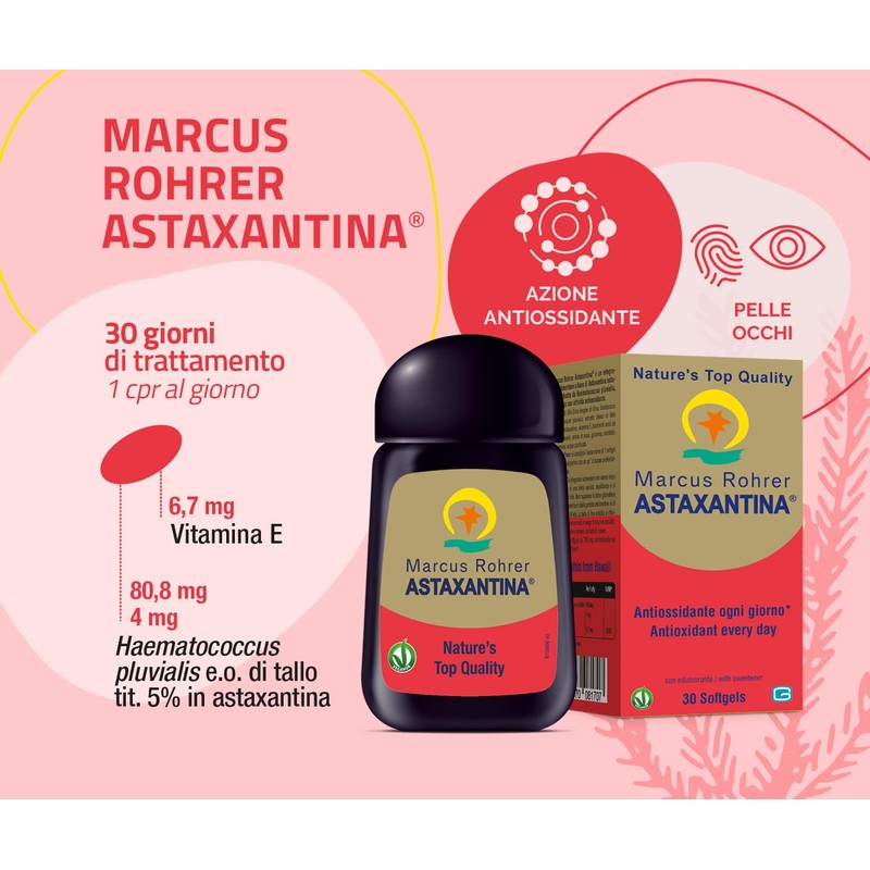 Marcus Rohrer Astaxantina, Integratore Alimentare Antiossidante, Protezione da Sole, Raggi