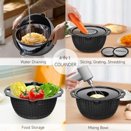 4-1 Colander with Bowl Set - Pasta Strainer - Colander for Kitchen - Strainers and Colanders Rice Strainer Fruit Cleaner Veggie Wash Sink Strainer Kitchen Essentials - Black