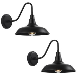 Industrial Barn Gooseneck Light, 10" Outdoor Black Wall Sconce for Garage and Yard，2-Pack