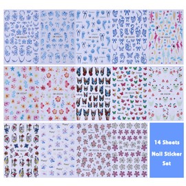 Tropical Nail Art Stickers Decals 14 PCS 3D Blue Flower Jellyfish Nail Art Designs Hibiscus Butterfly Geometry Stickers Colorful Charms Nails Supplies Self Adhesive Summer Manicure Decor