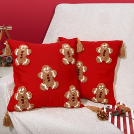 JarThenaAMCS 2Pcs Red Christmas Pillow Covers Gingerbread Man Throw Pillow Case 18 x 18 Inch Plush Faux Fur Soft Holiday Cushion Cover for Home Office Couch Sofa