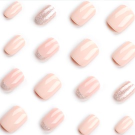 Square Press on Nails Short Fake Nails Cute Acrylic Glue on Nails with Glitter Design Milk Yellow Glossy False Nails Artificial Full Cover Stick on Nails for Women French Manicure Decoration 24Pcs