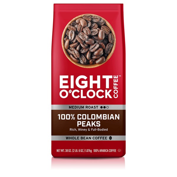 Eight O'Clock Coffee 100% Colombian Peaks, Medium Roast, Whole Bean Coffee, 40 Oz