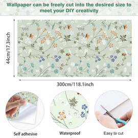 ANHUIB Light Green Flower Wallpaper Vintage Plants Flower Wallpaper for Living Room 44 x 300 cm Wild Flowers Flower Wallpaper for Cupboard Worktop Furniture Flowers Furniture Film Bathroom
