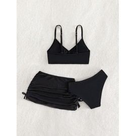 Cozyease - Conjunto de traje de baño liso de 3 piezas para niñas con falda fruncida, Negro -, 10 Años